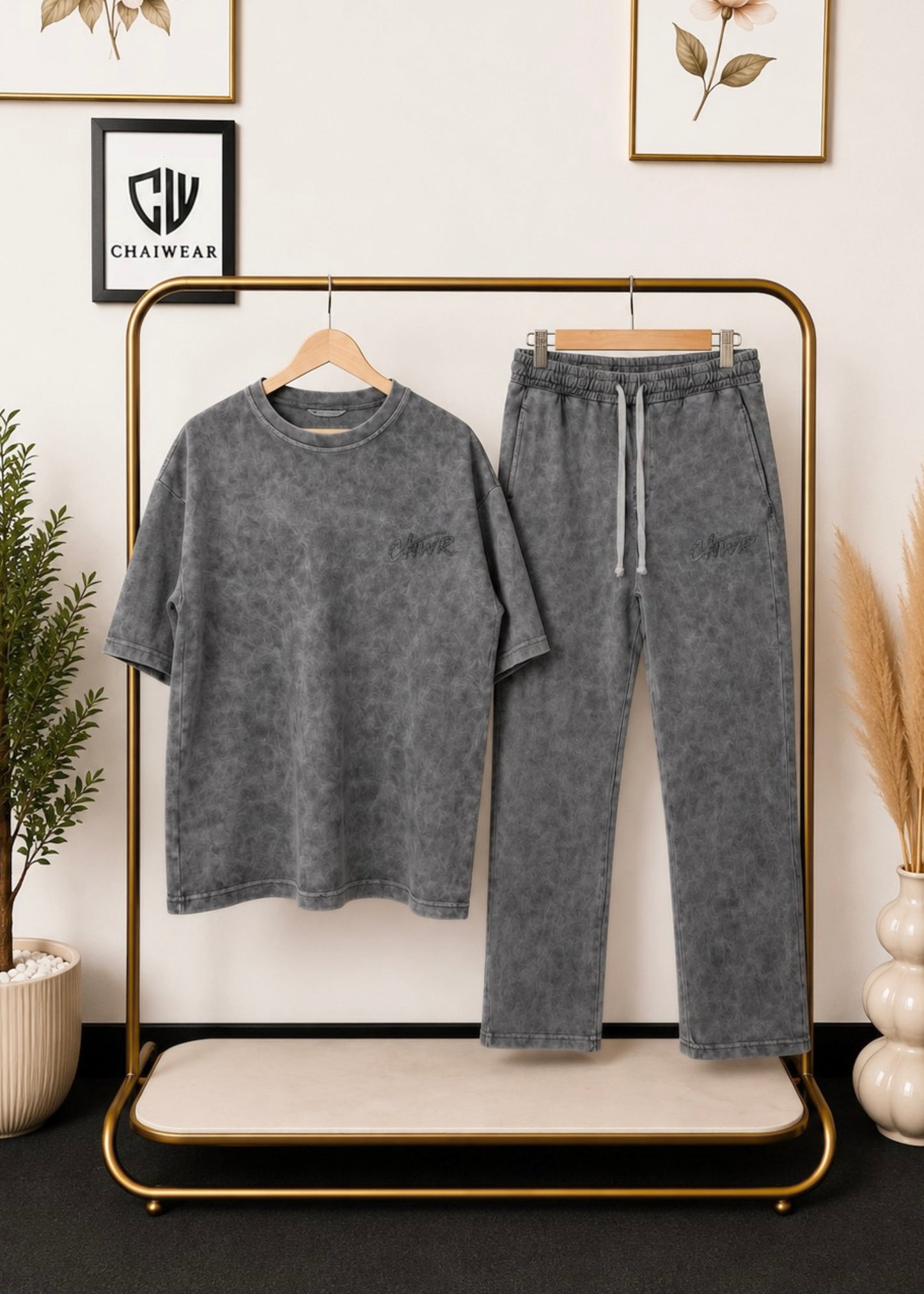 Pantalon baggy et T-shirt oversize Délavée en coton lourd 320 GSM Motif CHWR Applique