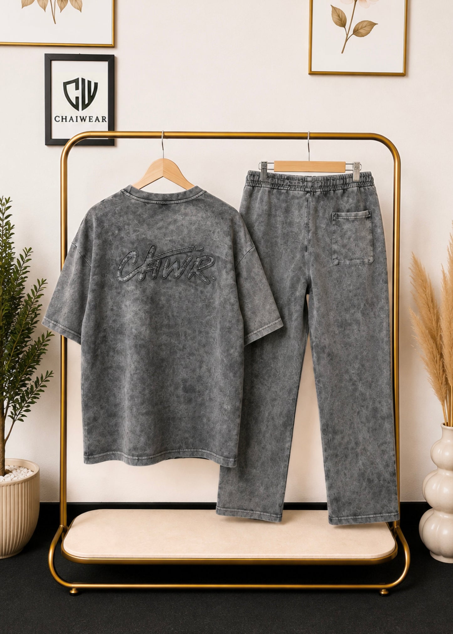 Pantalon baggy et T-shirt oversize Délavée en coton lourd 320 GSM Motif CHWR Applique